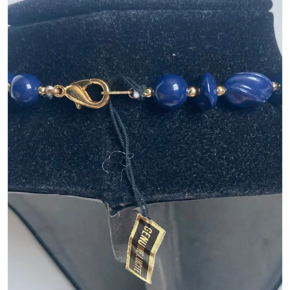 Vintage Blue Lucite Beaded Necklace Gold Tone Accents Textured Chunky Beads NWT